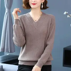 V-Neck Solid Color Women's Clothing Pullover Long Sleeve Sweater Casual Knitted Fashionable Autumn Winter Screw Thread Tops