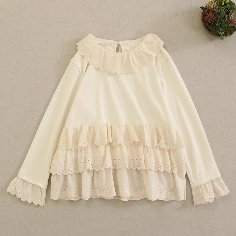 Sweet Mori Girl Ruffled Collar Embroidery Patchwork Cotton Shirts Women Japanese Multi Layer Hem Long Sleeve Casual Loose Tops