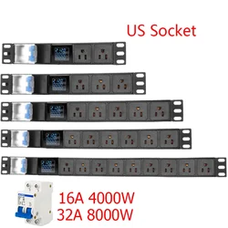 PDU Power Strip Distribution Unit 16/32A air switch 2-8 Way 3Pin USA Outlet Socket Ampere/Volt/Watt Digital Display Meter