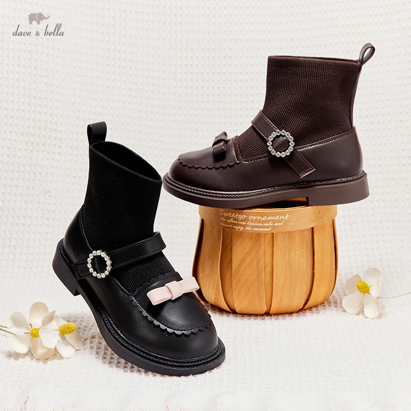 Dave Bella Children's Boots Fashion TPR Black Coffee Girls Spring Autumn Kids Fashion Flying Knit School Socks Shoes DB3223160