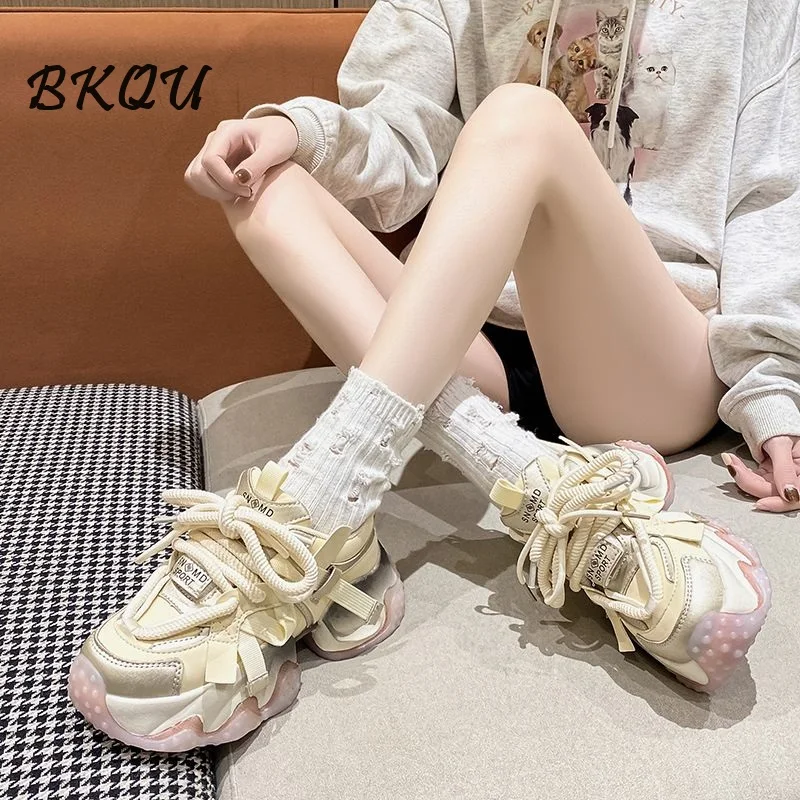 BKQU Daddy Female Model 2024 New Spring Hot Selling Thick Bottom Increase Casual Sports Shoes Muffin Bottom Japanese