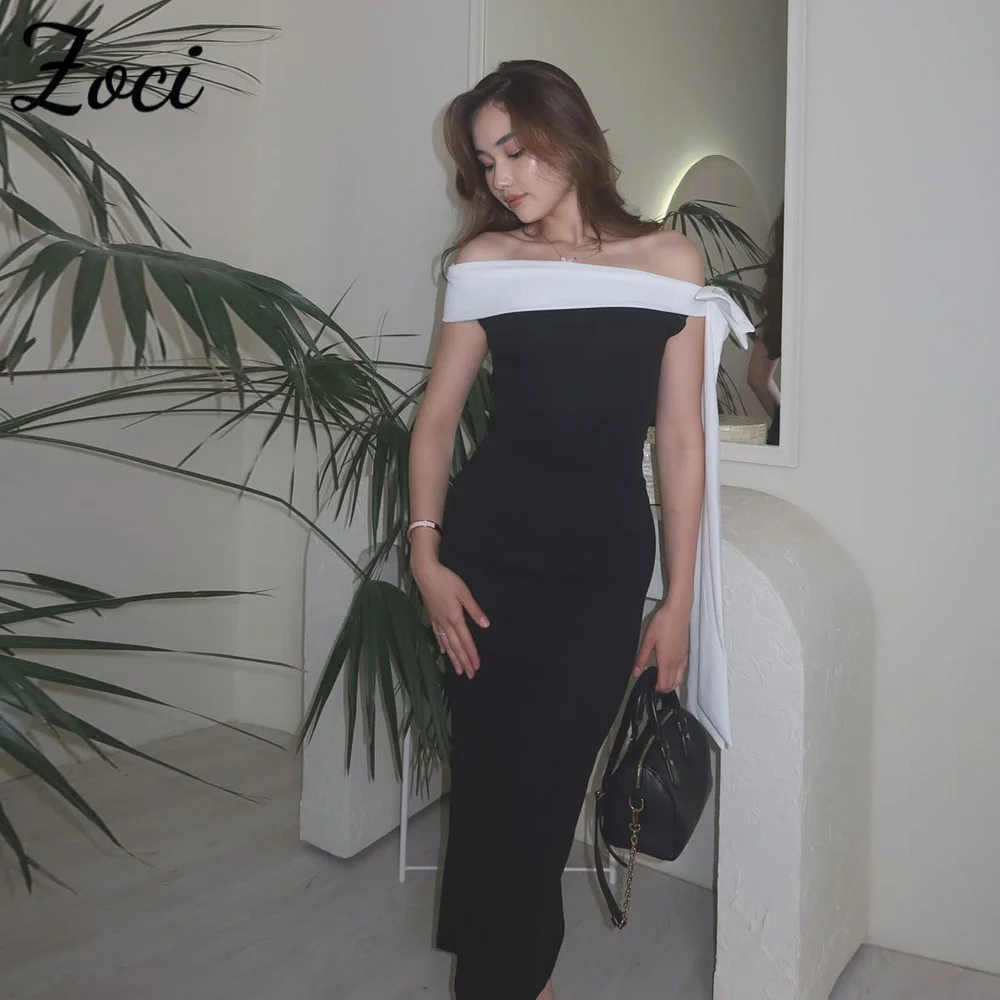 

Zoci Boat Neck Evening Dresses Off Shoulder Black White Bow Saudi Arabic Formal Party Gown Customized Ankle vestidos de festa