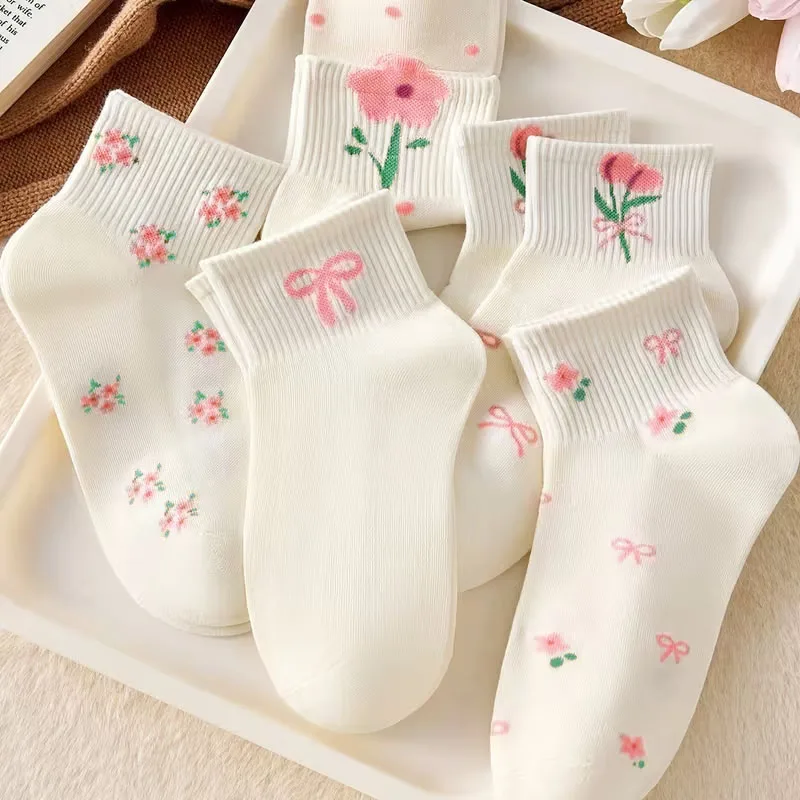 5 Pairs Girls Socks Cute Small Floral Pattern Bow Flower Comfortable Breathable Kids Socks image 5