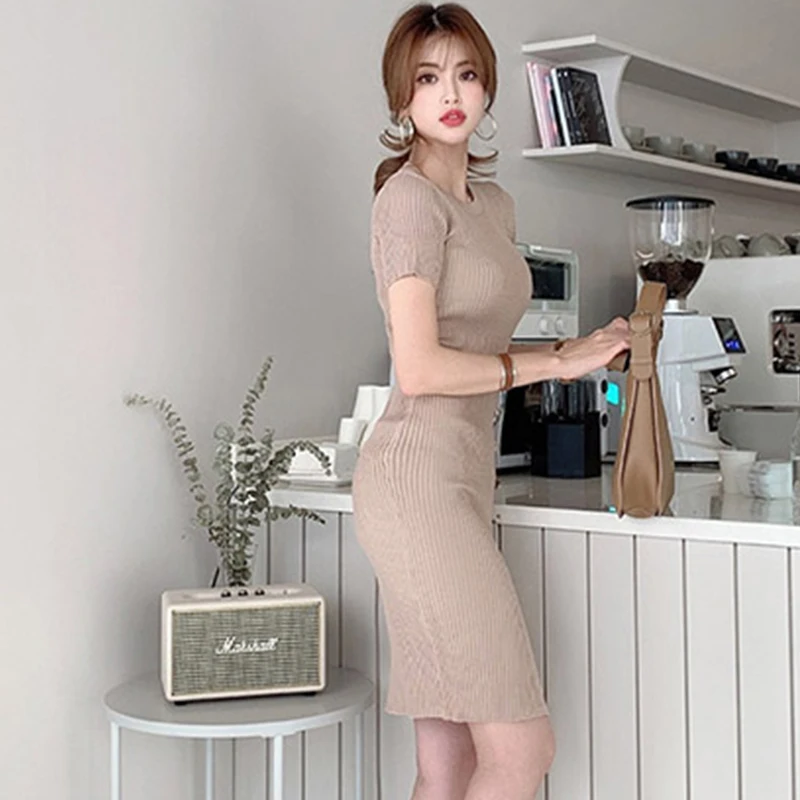 H Han Queen Autumn Vintage Elastic Knitted Dresses Elegant Office Work Vestidos Sheath Bodycon Split Party Women Pencil Dress