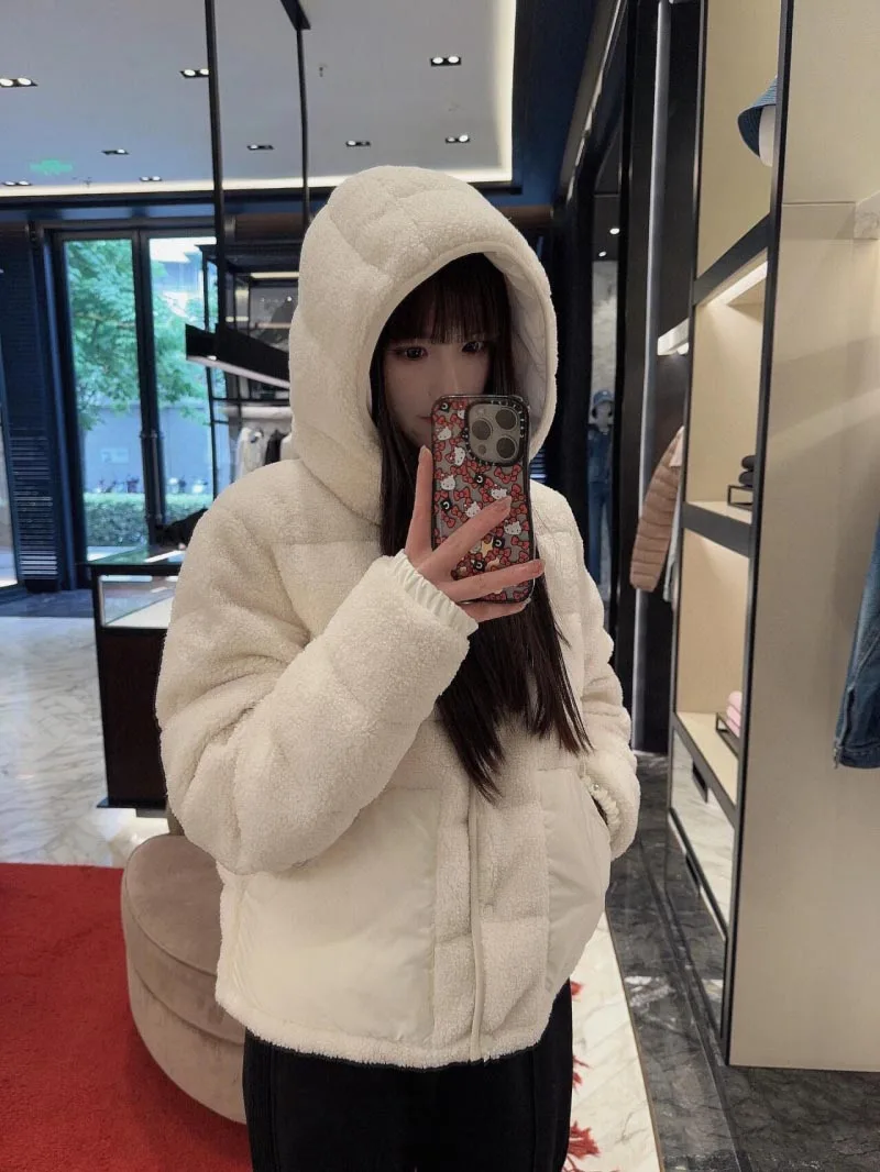 2024 Autumn/Winter New Short Teddy Hooded Goose Down Jacket with Lamb Fleece Texture Soft and Warm Women's Winter Coat