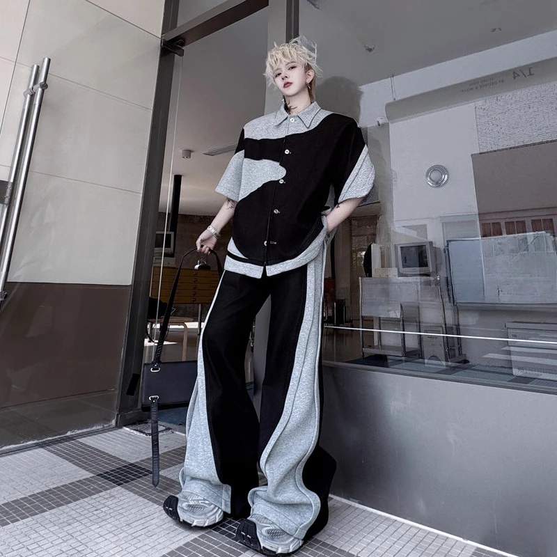 Boys 2025 Summer New Very Cool Handsome Sets Personalized Contrast Color Short-sleeve Shirt Wide-leg Pants Loose Two-piece Sets