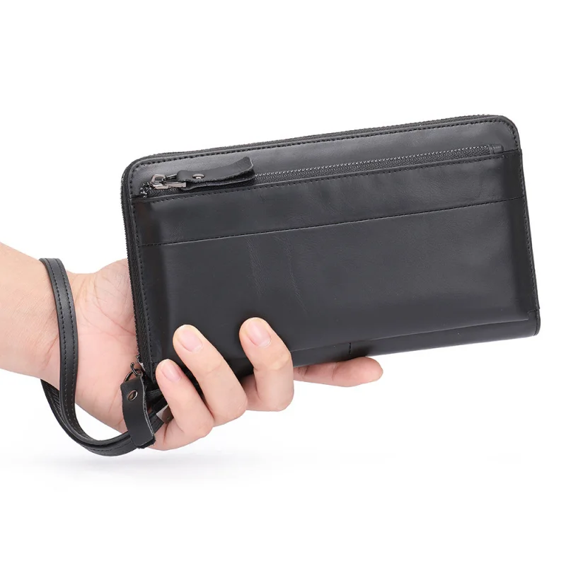 Men's long-style leather wallet handbag, top layer cowhide money pocket, retro handbag, men's leather wallet