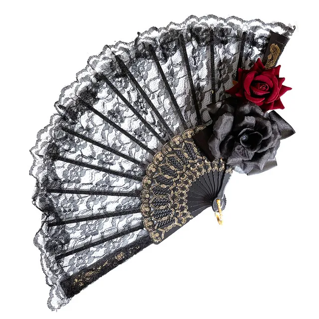 Lolita Gothic Fan wiktoriańska kobieca koronkowa wentylator ręczny w stylu Vintage czarna biała czerwona róża bambusowa zaopatrzenie na przyjęcie halloweenowe dla fanów Cosplay