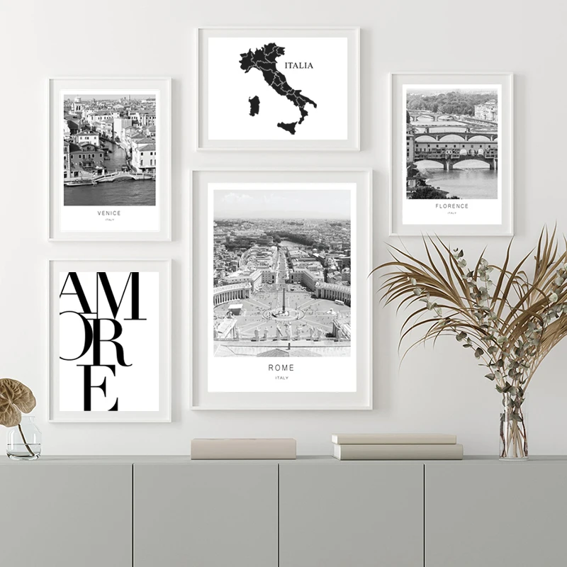 Póster de viaje blanco y negro con estampado de fotografía de Venecia, florencia, Roma, Italia, ciudades, cuadro sobre lienzo para pared, imagen para decoración del hogar