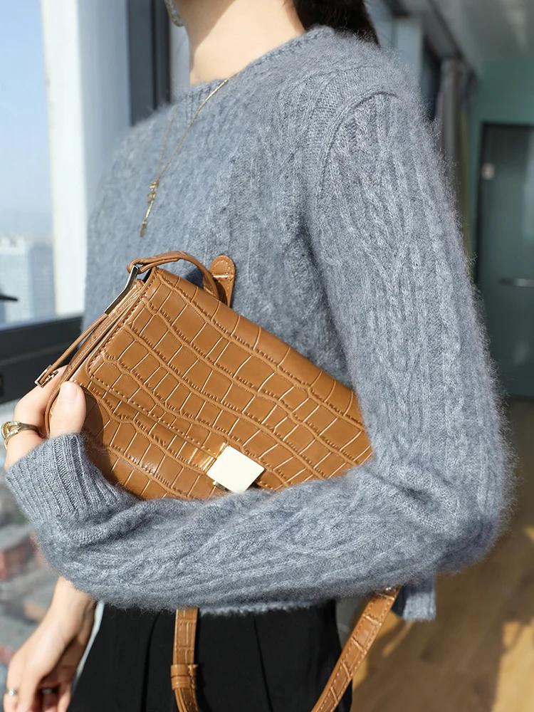 Gray Women's Pullover Sweater 100% Merino Wool Knitwear Autumn Winter Thicken Short Style Cashmere Twist Flower Round Neck Tops