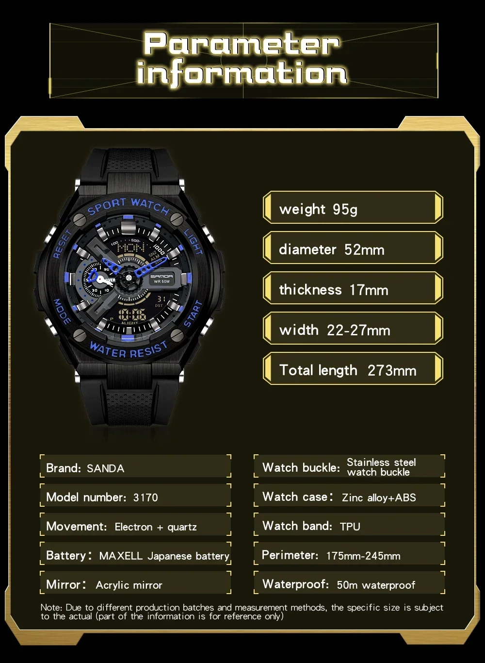 SANDA 3170 Sports Waterproof and Shockproof Alarm Clock Men\'s Watch New Handlift Light Korean Edition Multi functional