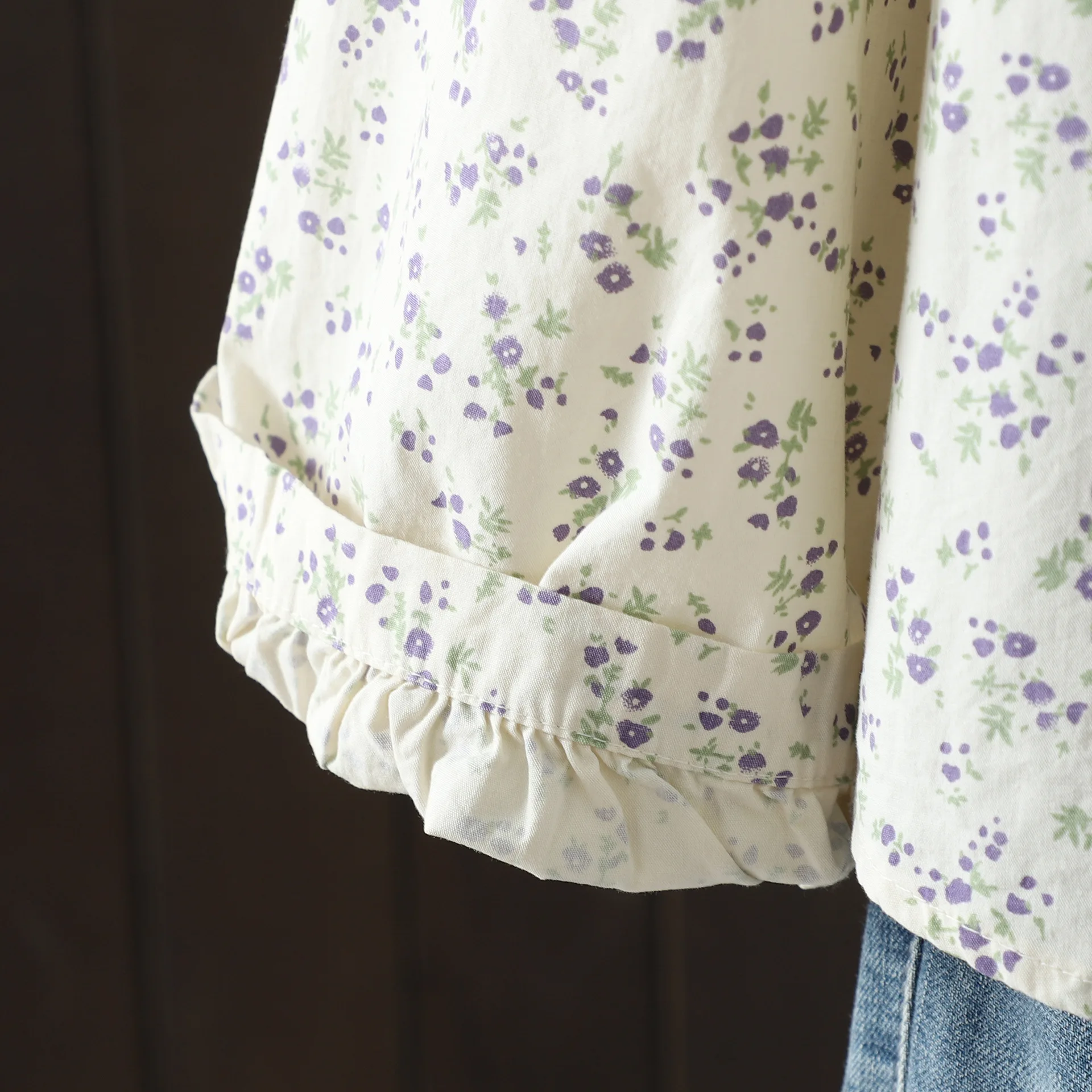 جديد 2025 الخريف قميص قطني بكم طويل ، المرأة بدوره إلى أسفل طوق المطبوعة ، موري فتاة الفرنسية تخفيف بلوزة فضفاضة غير رسمية T58648CC