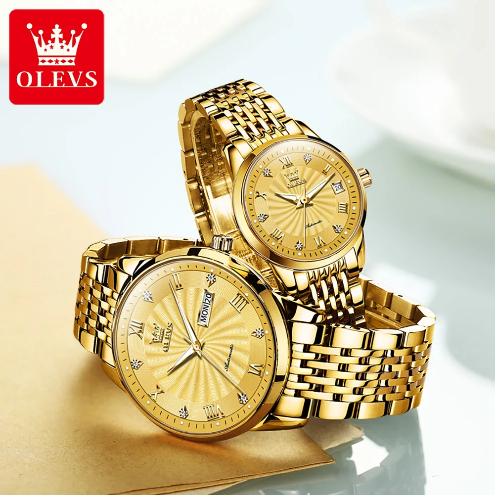 OLEVS 6630 Automatic Mechanical Couple Watch Luxury Brand Diamond Roman Calendar Whirlwind dial Lover Gift His or Her Watch Set