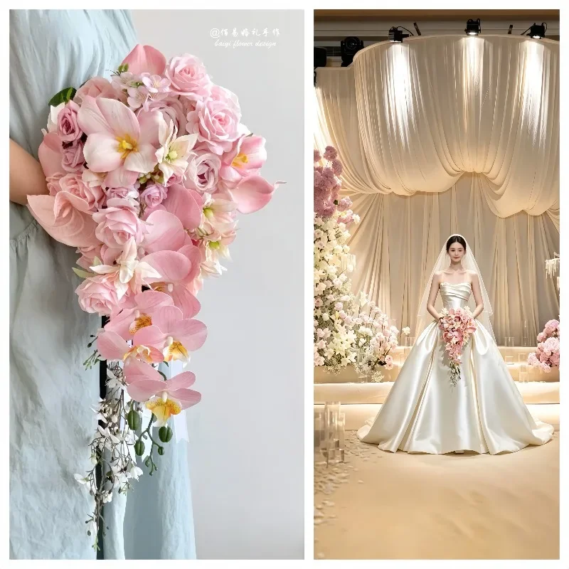 Pink waterfall shaped bouquet bride wedding simulation bouquet water drop hot Korean wedding arrangement fake flower props
