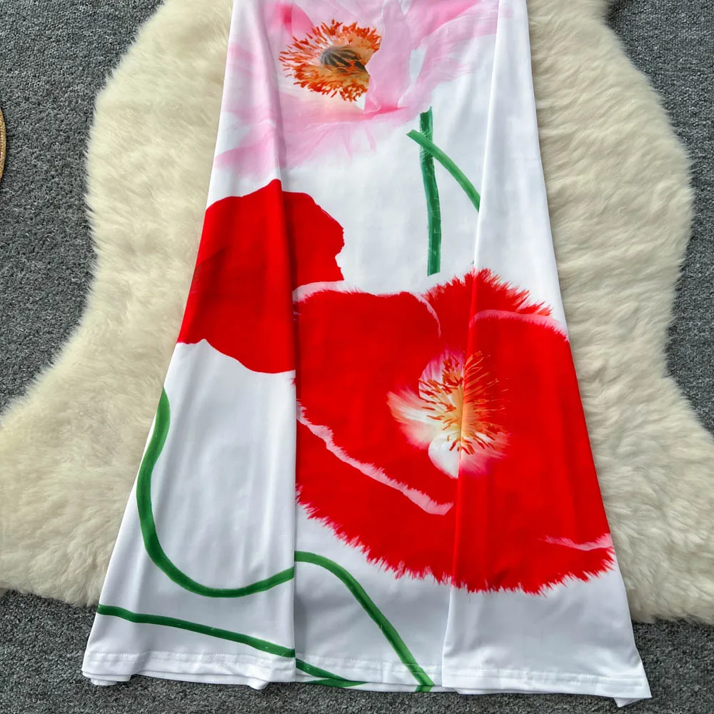 فستان ريترو هوتسويت مطبوع نحيف بدون أكمام أنيق لقضاء عطلة الشاطئ للنساء فساتين صيفية عصرية كورية