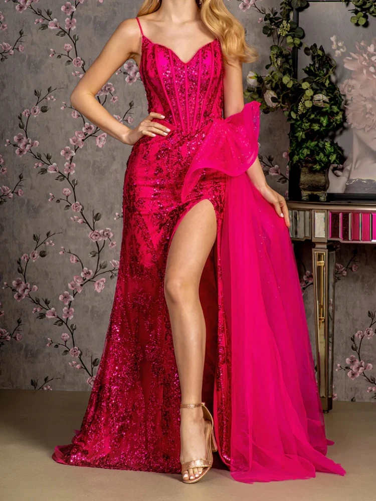 

Charming Fuchsia Sexy Split Prom Dresses V Neck Mermaid Floor Length Women Wedding Party Dress Formal Evening Wear Robe Soiree