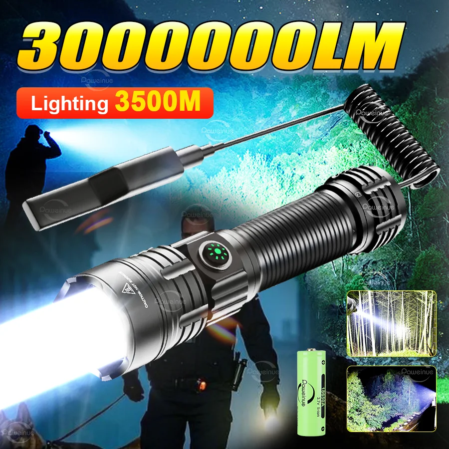 

PAWEINUO перезаряжаемый светодиодный тактический фонарик, мощный дальний 3500 м, зум-фонарик, самооборона, охотничья армейская военная лампа