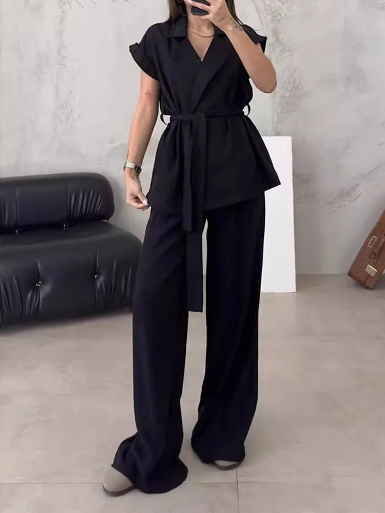 LANMREM Office Lady Set a due pezzi per le donne senza maniche con lacci raccolti in vita con pantaloni casual a gamba larga 2024 Nuovo 2DA7050