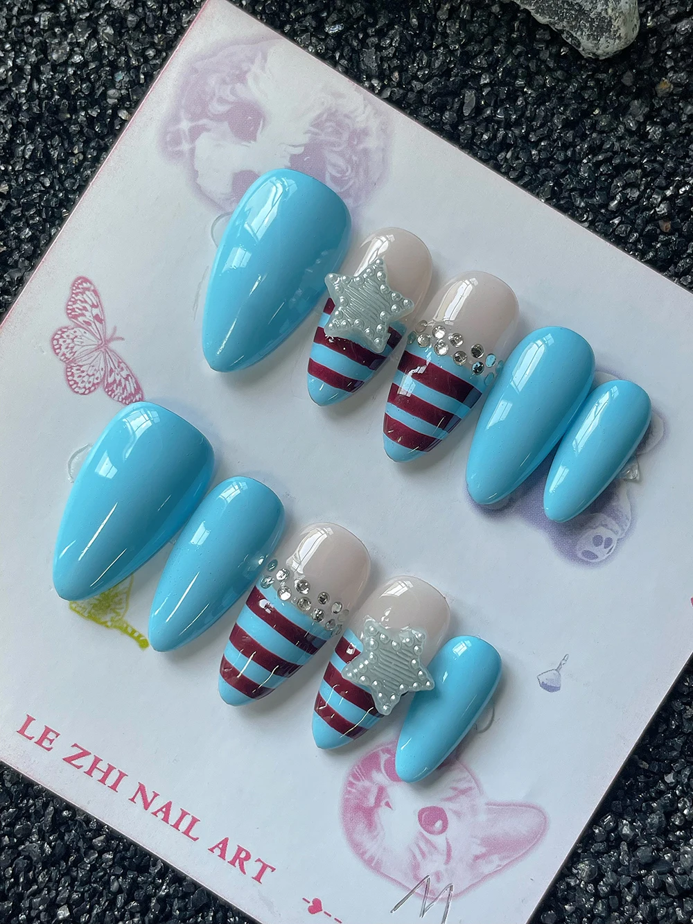 

10Pcs Handmade Blue Almond Press On Nails Summer Vacation Blue Striped Diamond Stars Simple Design Fake Nails Birthday Gift
