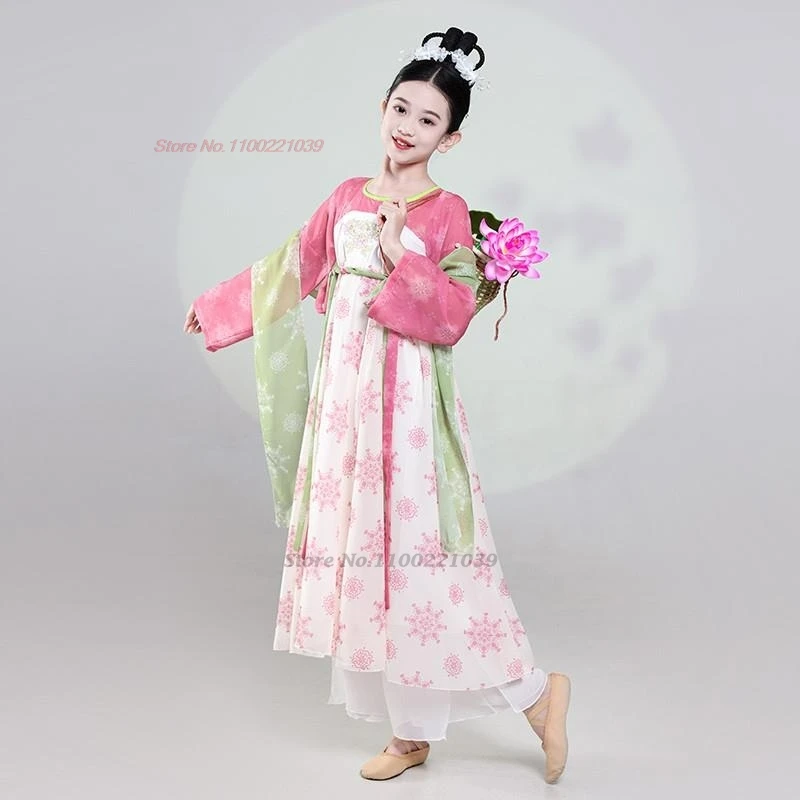 2025年中国風ヴィンテージ子供民族舞踊ドレス民族花柄プリントシフォン漢服ドレス+パンツセットステージパフォーマンスダンスドレス