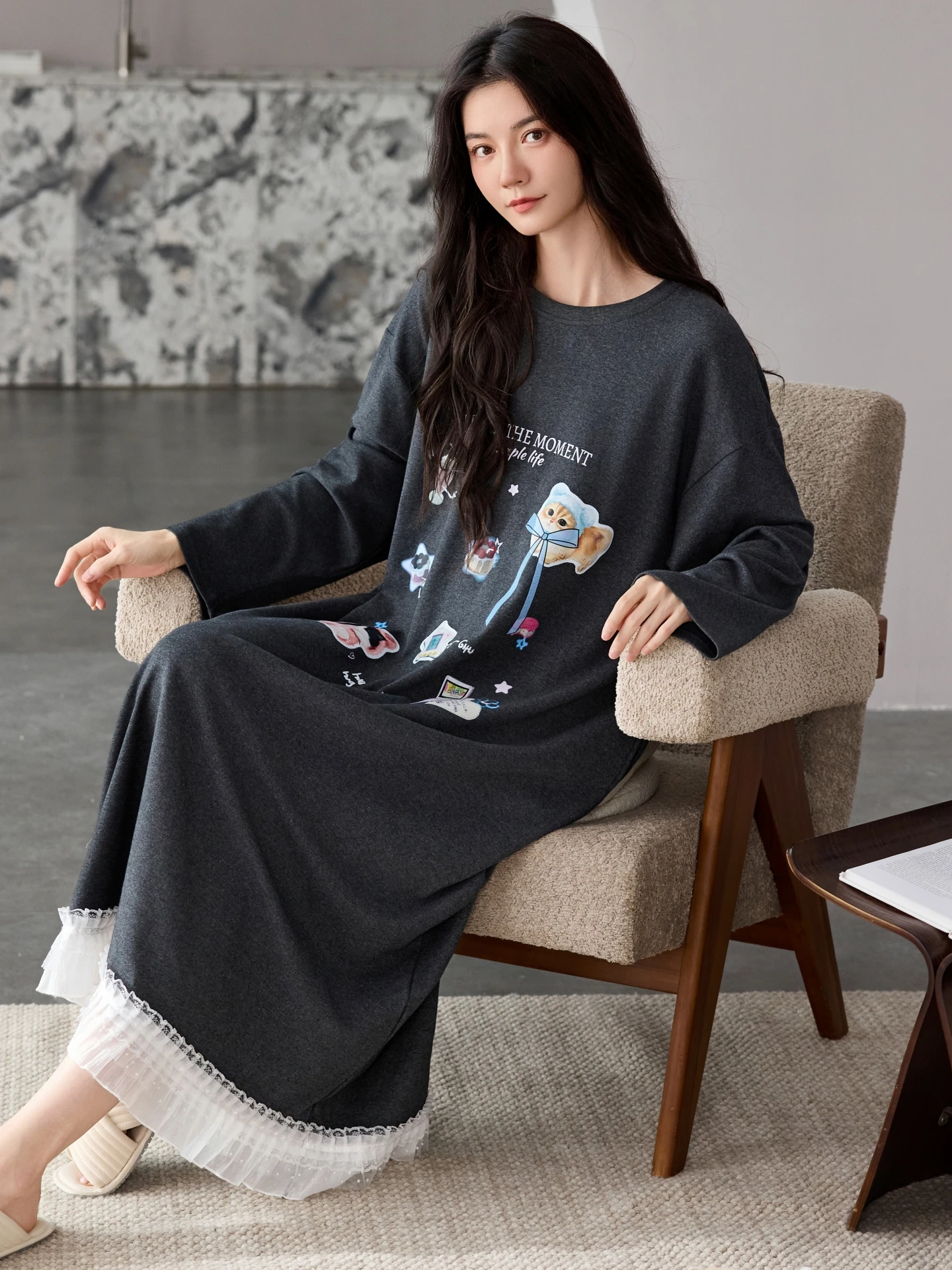 純綿マタニティナイトガウン長袖レディーススタイル2026キュートデザイン快適な寝間着胸パッド付き屋外でも着用可能