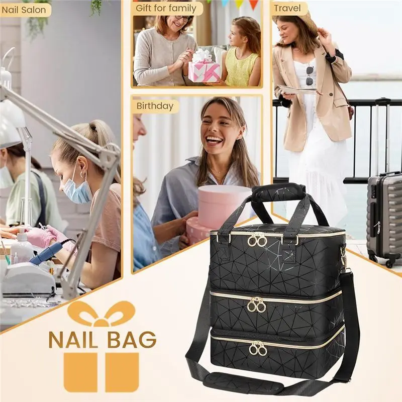 حقيبة تخزين أدوات الأظافر القابلة للفصل سهلة الاستخدام من جلد البولي يوريثان، حقيبة تنظيم طلاء الأظافر مكونة من 3 طبقات تتضمن مصباح الأظافر #4