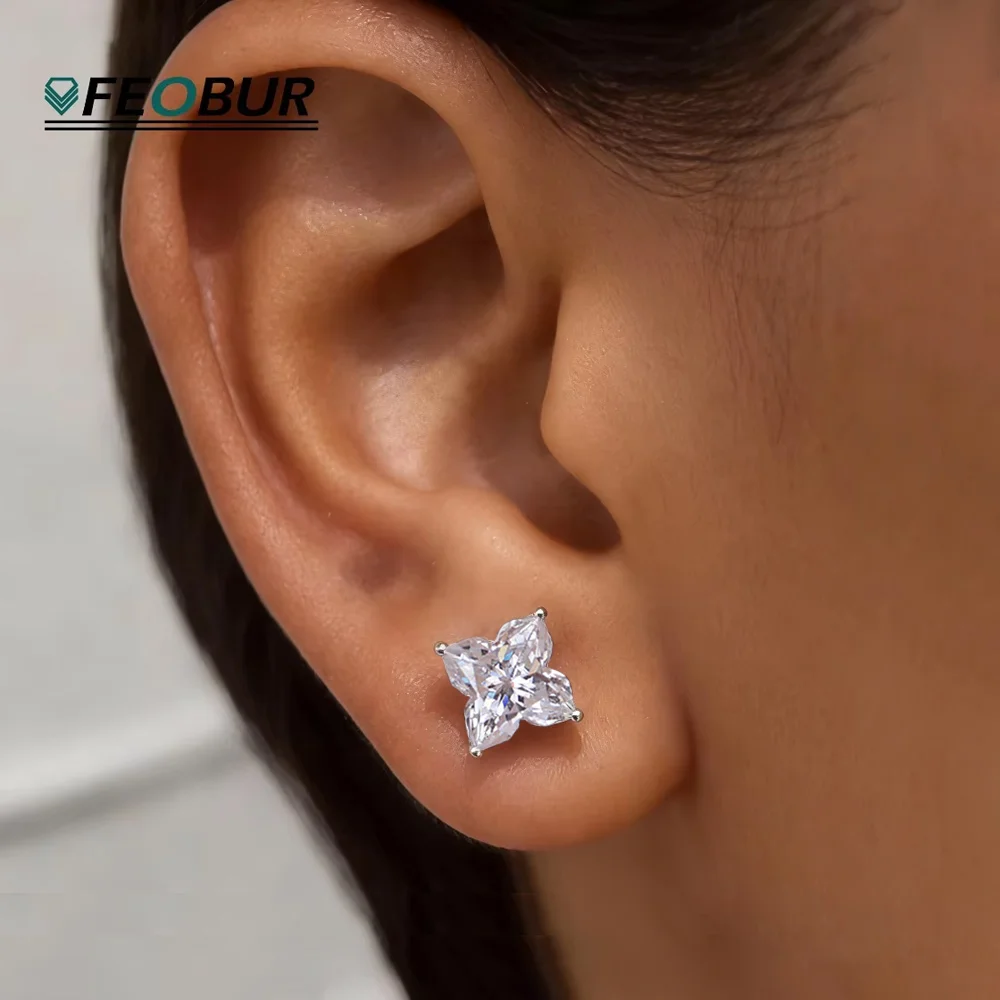 

0.4-1CT Lily Flower Cut Moissanite Stud Earring for Women 925 Sterling Silver Clover Lab Diamond Ear Studs Certified Jewelry GRA