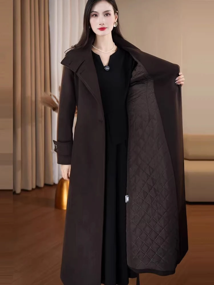 New Women Cotton Liner Wool Blends Coat Spring Autumn Winter Fashion Elegant Stand Collar Slim Waist with Belt Long Coat