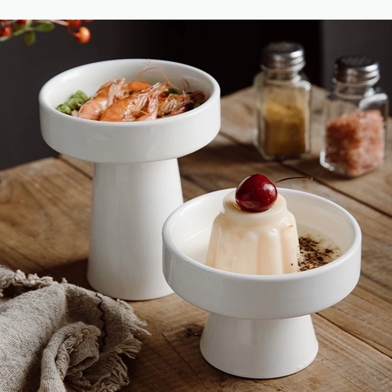 

High-foot Dinner Plate Ceramic Fruit Plate Desktop Decoration Dessert Plate Home Kitchen White Porcelain Tableware
