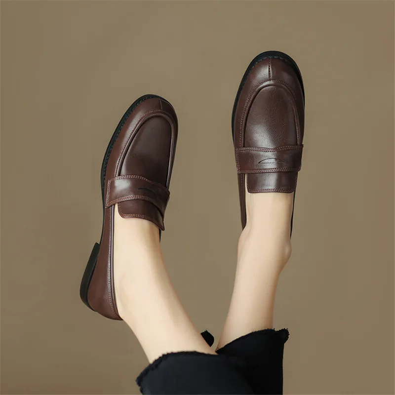 New Spring Split Leather Loafers Woman Shoes Chunky Heel Round Toe Shoes for Women Ladies Shoes Casual Low Heel Women Pumps