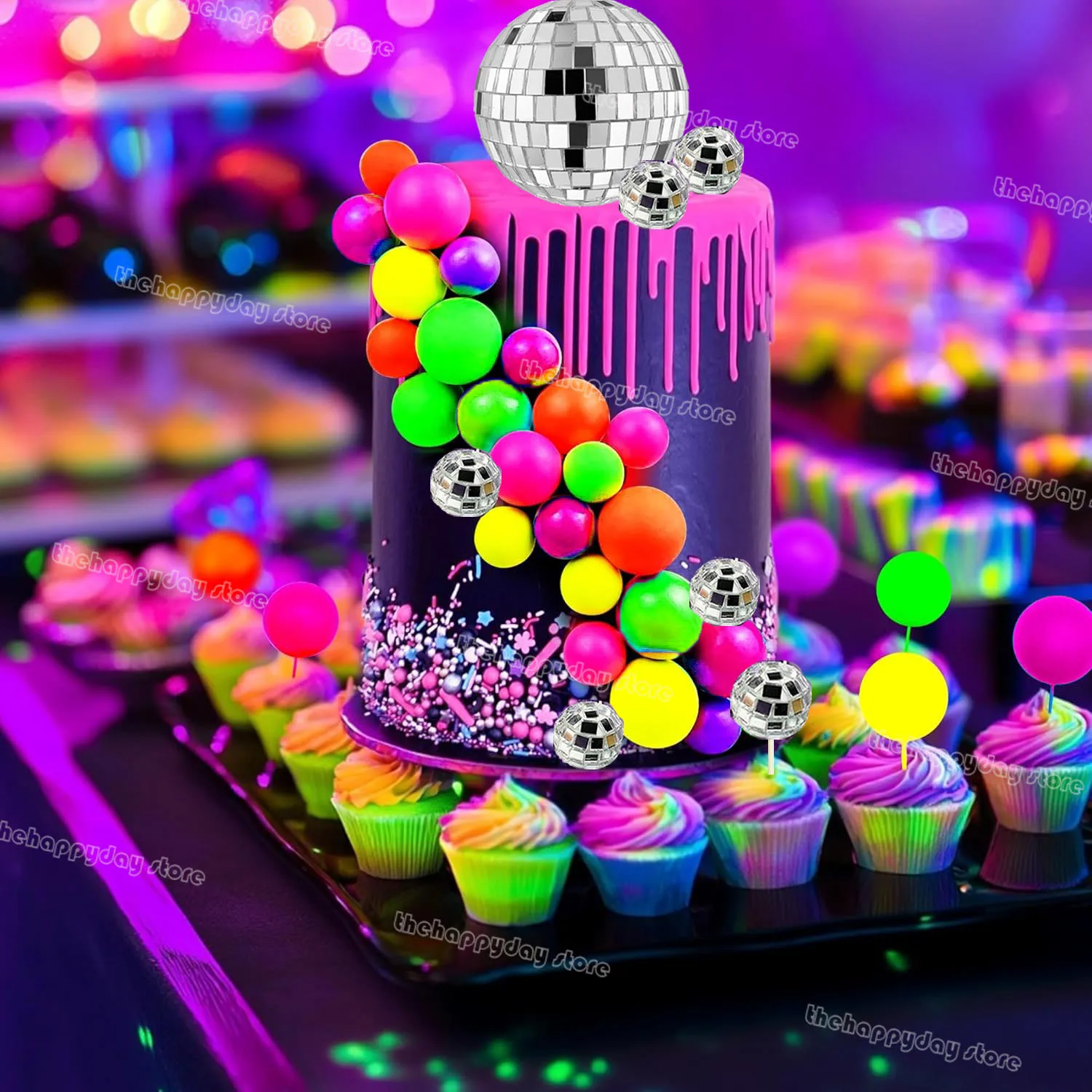 31-teiliges Leuchtkugel-Set für Torten, Disco-Kugeln, Neon-Kuchendekoration, Leuchtparty-Tortenverzierungen, Neon-Schwarzlicht-Cupcake-Deko – Detail 38