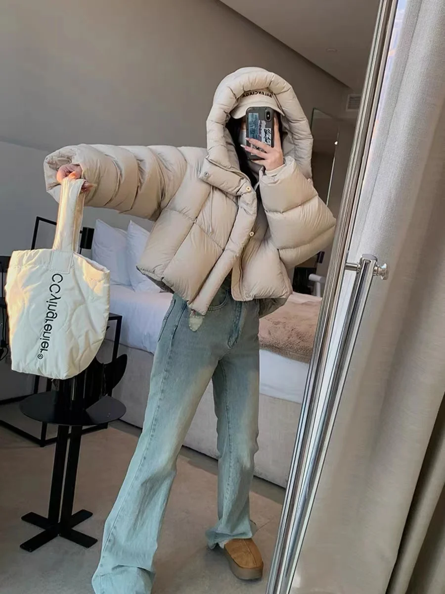 FIGOHR Women\'s Down Jacket 2024 New American Style Short Bread Jacket Solid Hooded Cropped Coat Female Thickned Topcoat Winter