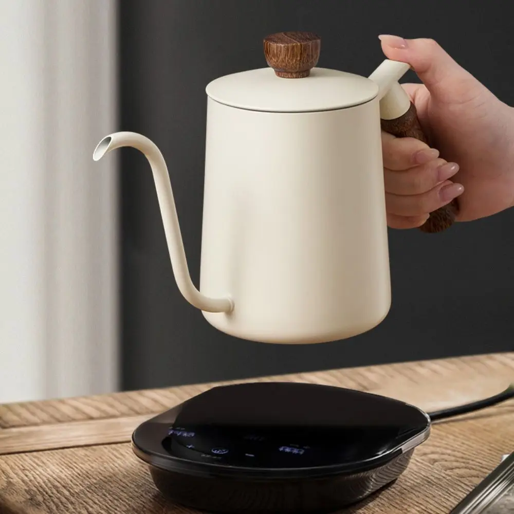 Wooden Handle Goose Neck Coffee Kettle 304 Stainless Steel 600 ML Pour-over Coffee Pot Drip Port Narrow-Mouthed