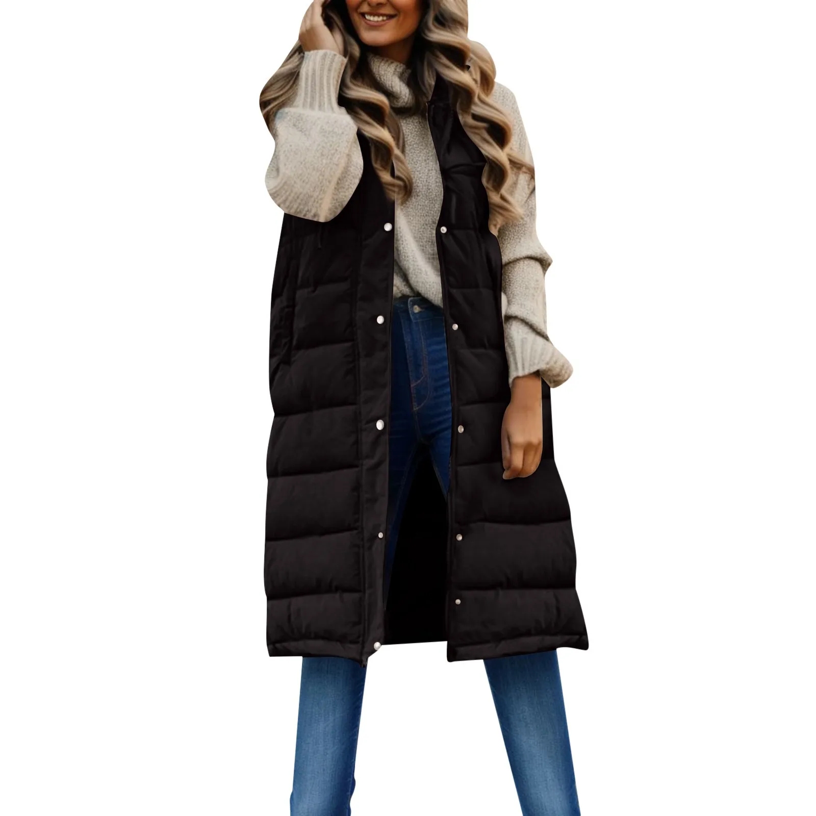 Women'S Winter Sleeveless Coat Vest Long Hooded Down Coat With Pockets Warm Outdoor Parkas Autumn Winter Warm Female Outerwear