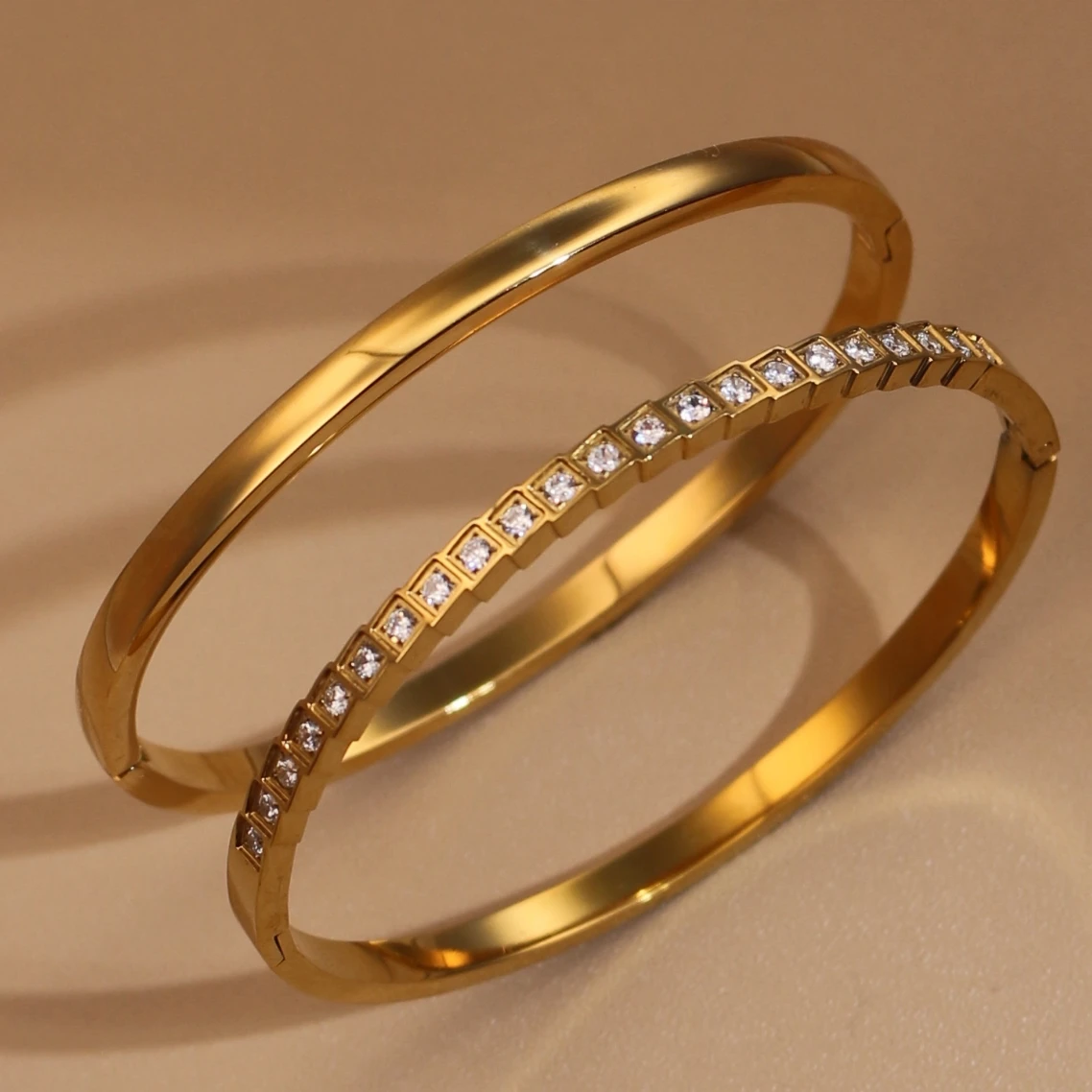 Fashionable  2-in-1 Plated 18 K Gold  Colored Zircon Stainless Steel Curved Bracelet For Women Wholesale Jewelry Gift Bangle