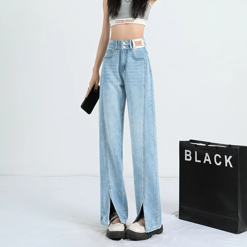 

High Waist Straight Jeans For Women Loose Blue Split Jeans Denim Wide Leg Pants Female Loose Fall Trousers 328