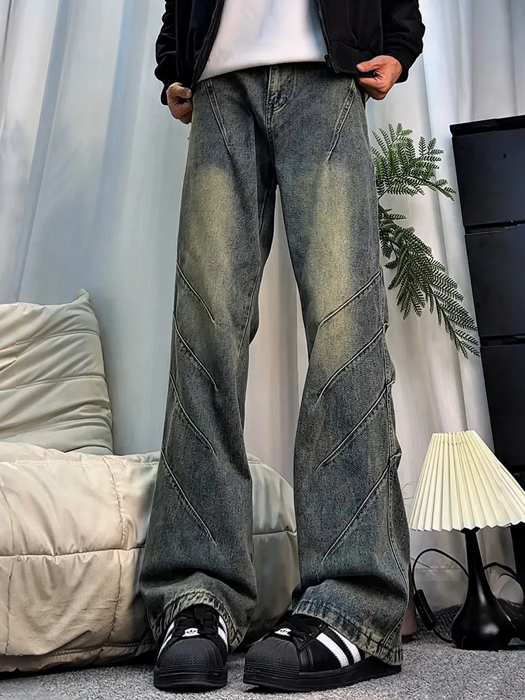 

Washed Denim Jeans Men's Cleanfit Trendy Brand Workwear Pants Straight Leg Micro Flared Shark Gills Street Style Jeans