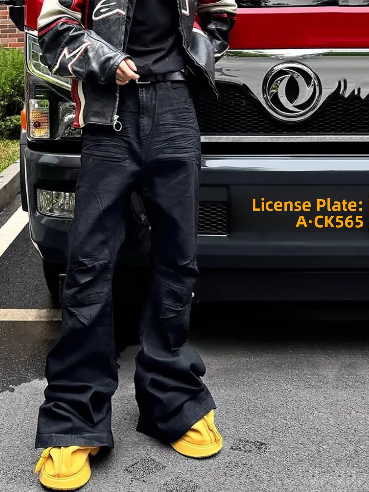 American High Street Vibe Men's Flared Jeans Wax Coating Straight Leg Floor-Length Casual Trousers Unisex Loose Fit Jeans