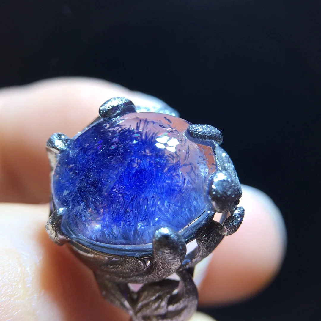 

Natural Blue Rutilated Dumortierite Adjustable Ring 13.3/11.3mm Woman Men Ring Rutilated Quartz Jewelry AAAAAAA