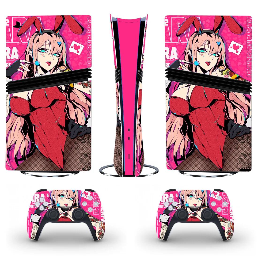 Anime Niedliches Mädchen PS5 Pro Digital Skin Aufkleber Dekor-Set für Konsole und 2 Controller PS5 Pro Digital Vinyl-Sticker
