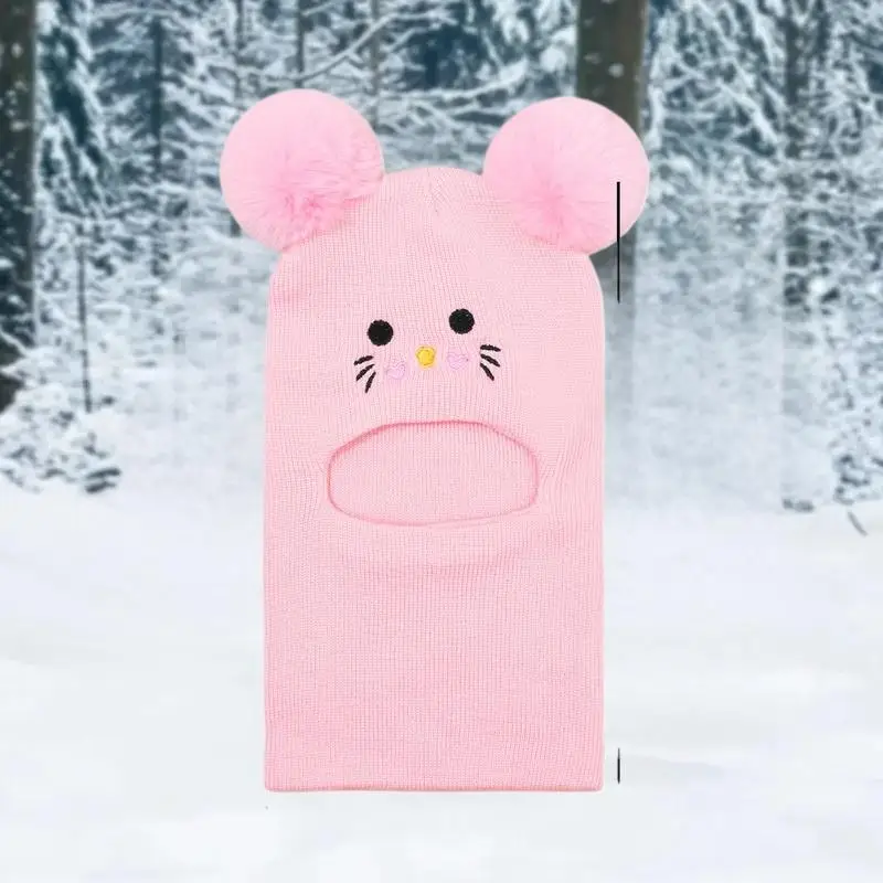 قطعة واحدة من خوذة الرأس المزدوجة مع تطريز كرتوني لطيف، محبوكة لتغطية كاملة للوجه والرقبة، مقاومة للرياح والبرودة