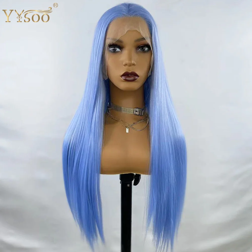 Long Light Blue Synthetic Hair Lace Front Wigs For Black Women 13x4 Glueless Silky Straight Half Hand Tied Blue Wig Free Part