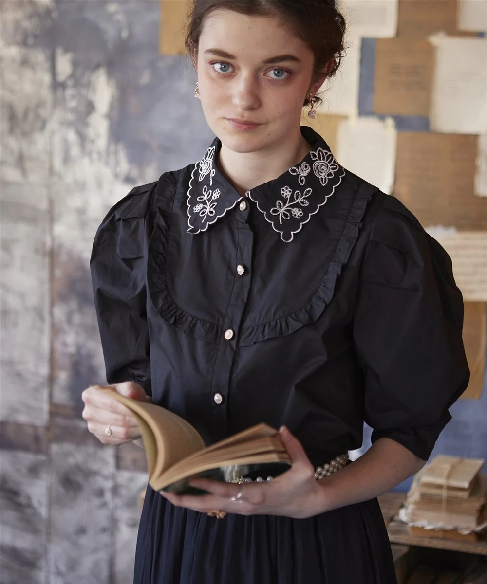 

Sweet Sle Japanese Cotton ort Sve Embroidered Hollow out Collared irt Women's Spring Summer Faionable Top