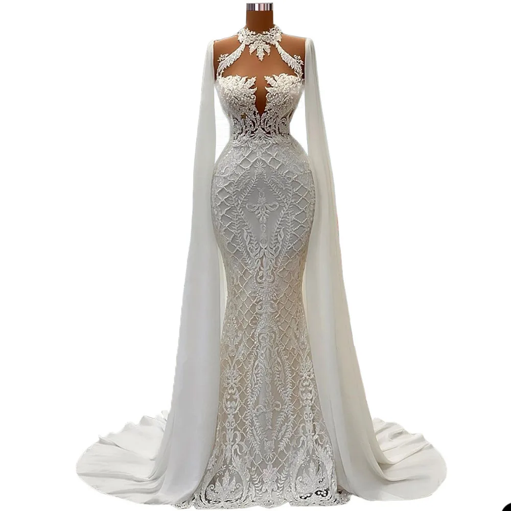 Abiti da sposa a sirena con manica cape Halter Lace Satin Appliques perle scollo a V abiti da sposa lunghezza pavimento Robe De Mariee Plus