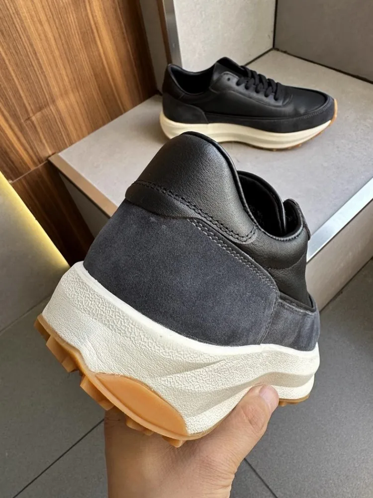 Vintage Mens Thick Platform Cowhide Genuine Leather Shoes Antiskid Outside Joggers Sneakers Trainers New Patchwork Casual Shoes