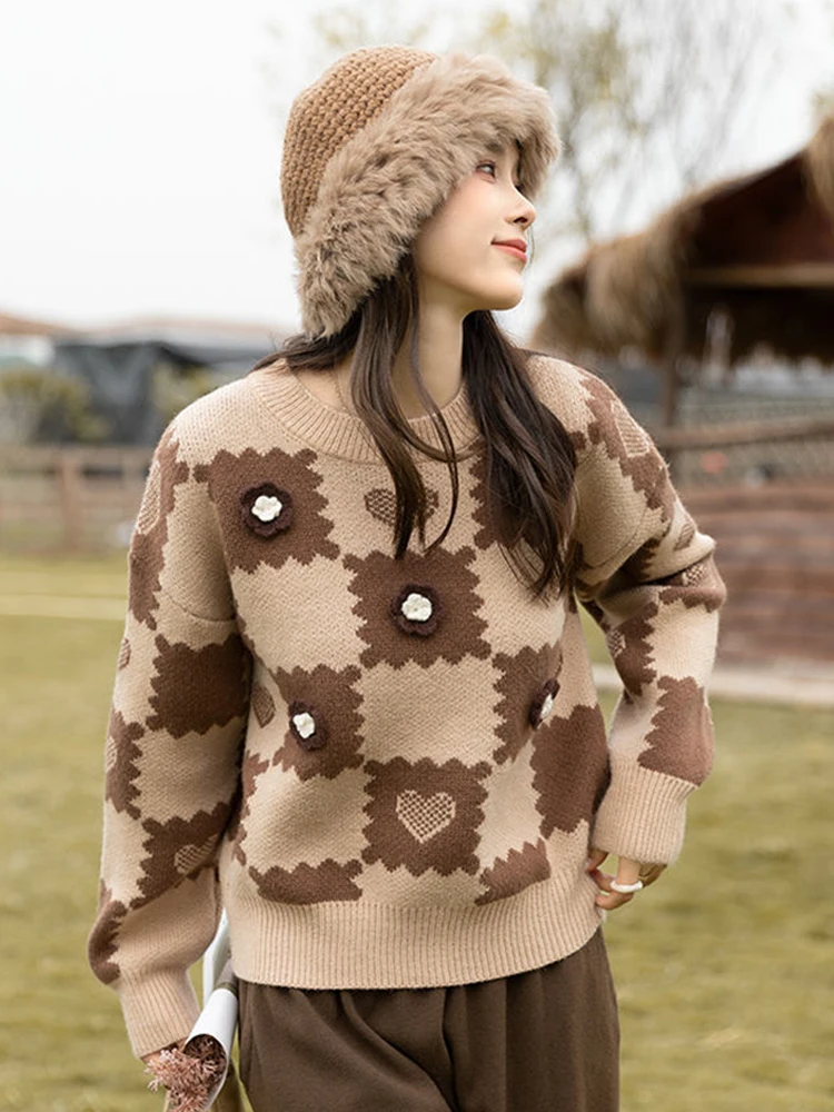 

Sweater Knitted Pullover Autumn Winter New Women's Clothing Flower Loose Pink Top Kawaii Sweaters Sweet Fashion Jumpers