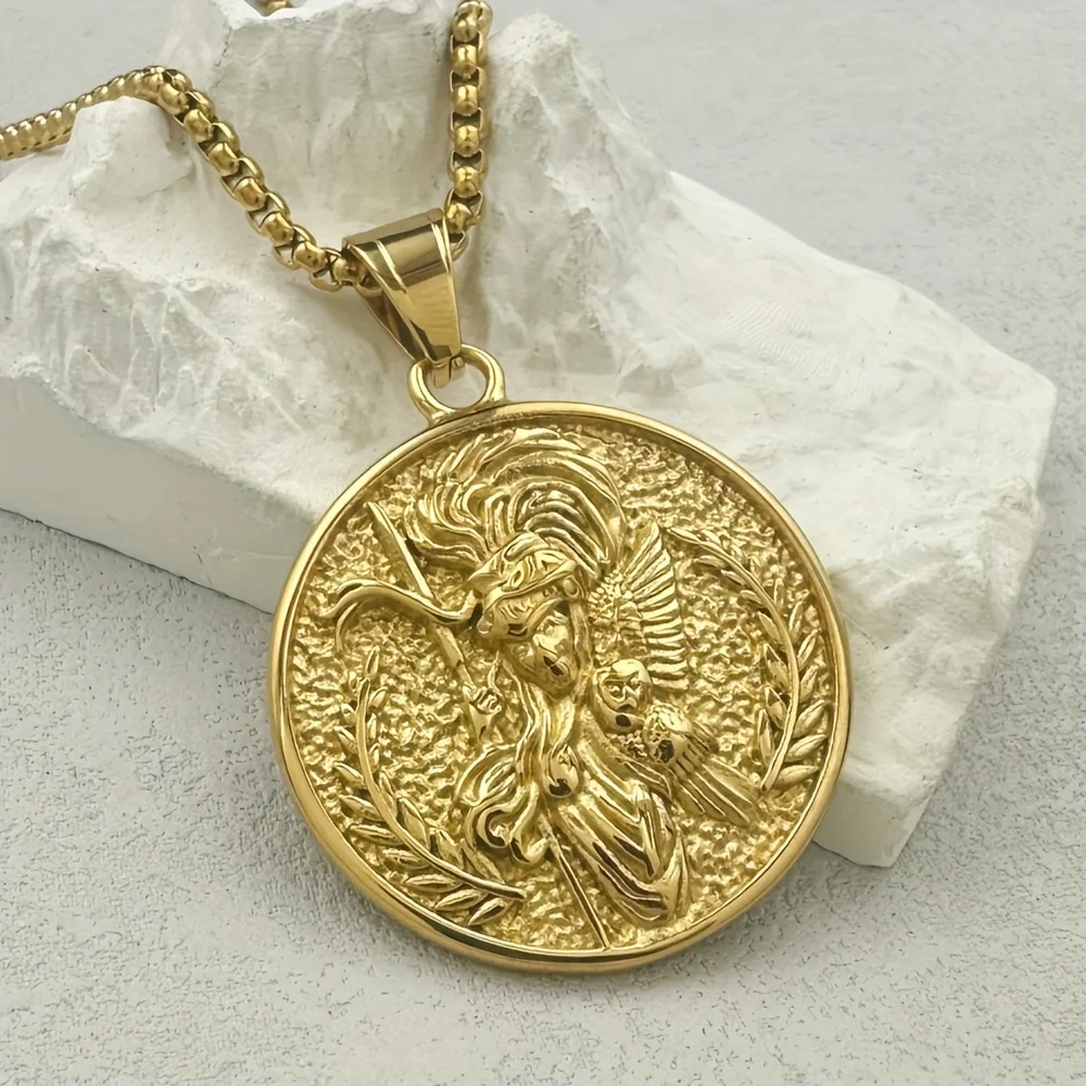 Men's Athena Goddess Round Medallion Pendant Necklace 316L Stainless Steel Gold Color Vintage Hip‑hop Greek Jewelry