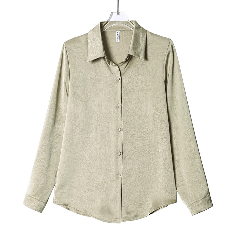 

2025 Summer Autumn Long Sleeve Satin Blouse Basic Shirt Chic Texture Folds Casual Female Tops Elegant All-Match Female Clothes