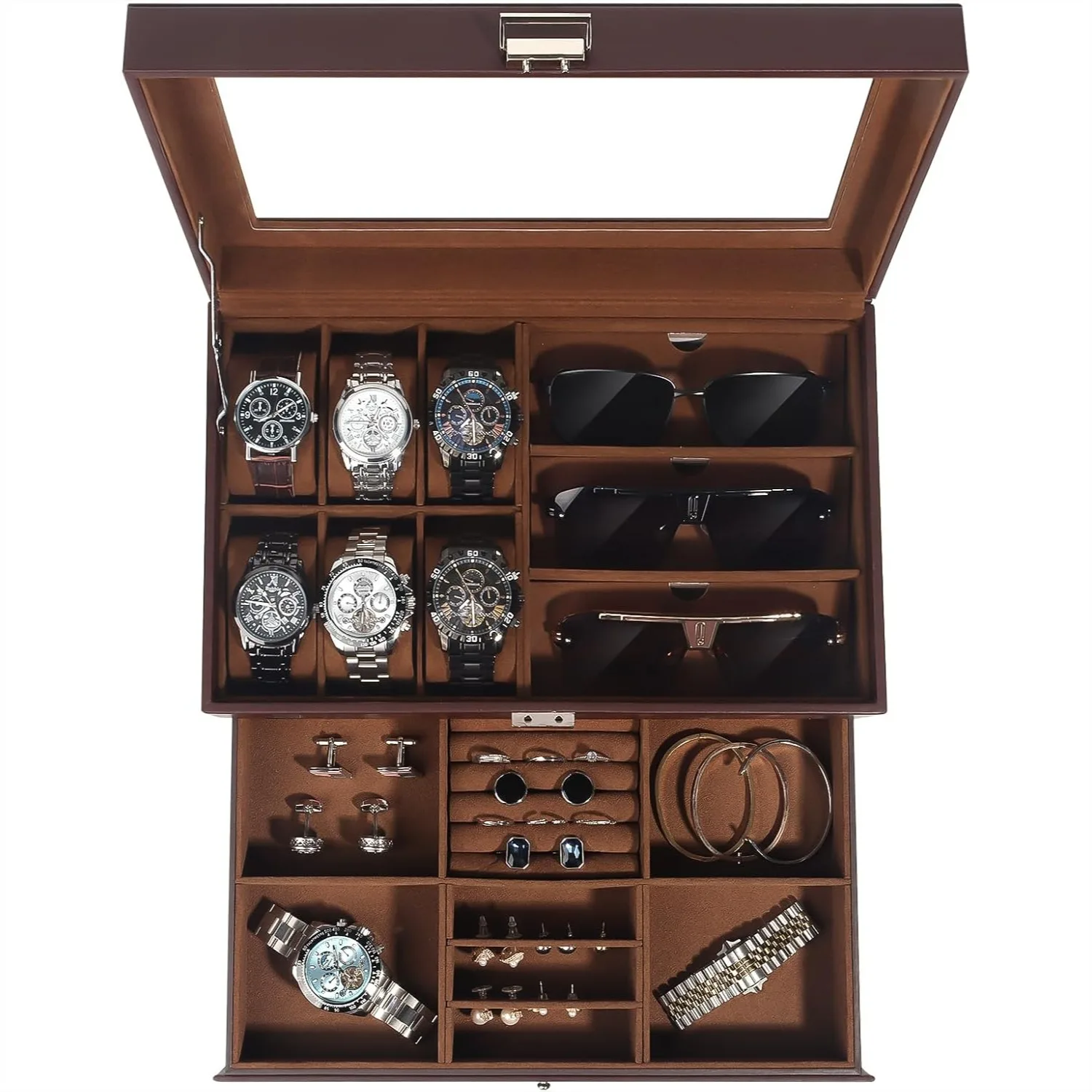 

Watch Box for Men, 6 Slot Watch Organizer with Drawer, 2-Layer Watch Case with Glass Lid, PU Leather