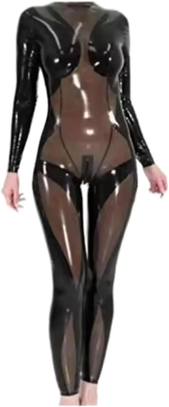 

Rubber Sexy Latex Catsuit Rubber Bodysuit Black and Transparent Black